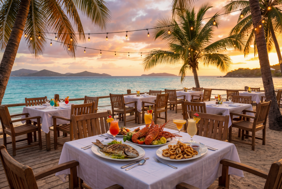 Sunset view from a beachfront restaurant table on West Bay Beach, fresh grilled fish plated, Caribbean Sea in the background